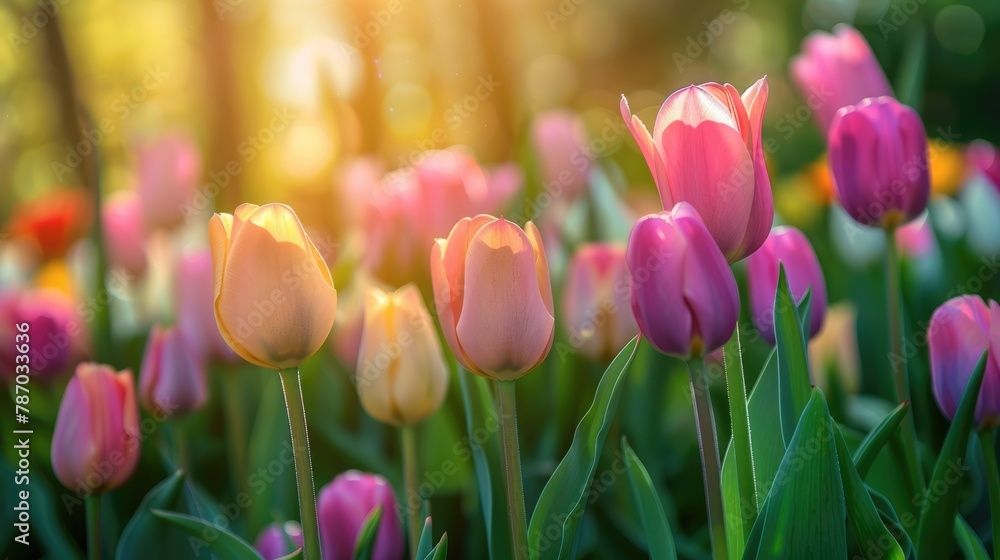 A close-up of tulips blooming in the sunshine.