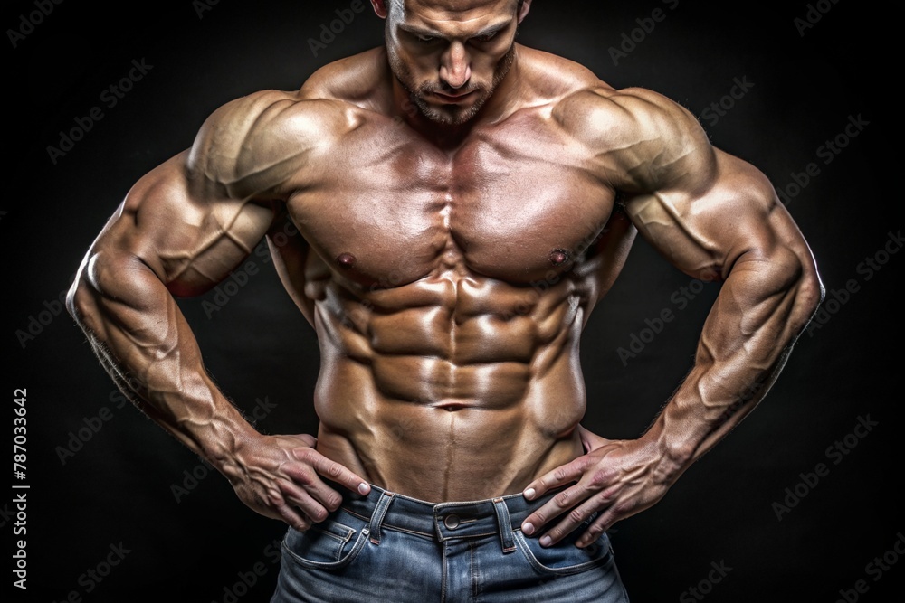 bodybuilder straining his muscles on a dark background