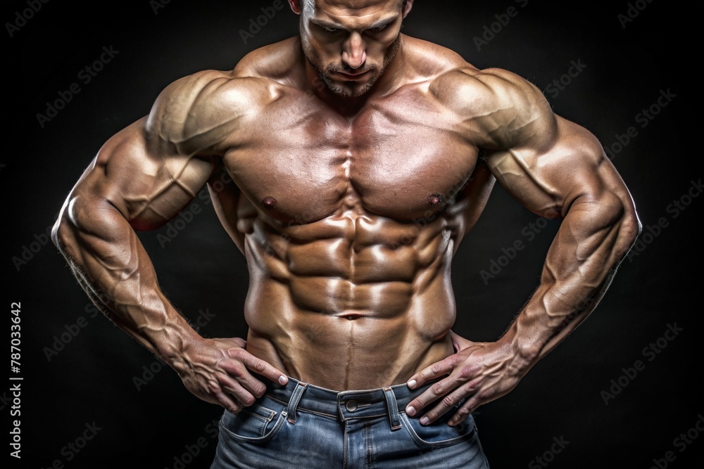 bodybuilder straining his muscles on a dark background bodybuilder straining his muscles on a dark background