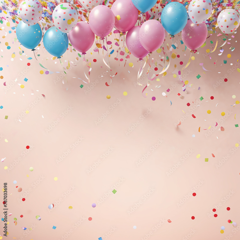 festive beige background with colored balloons and confetti with copy space