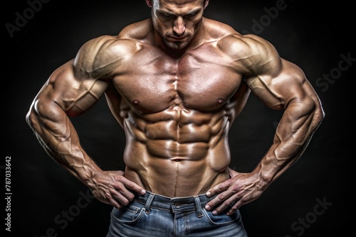 bodybuilder straining his muscles on a dark background © Vlad