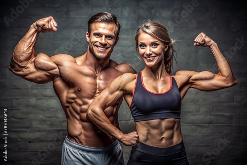 athletic couple posing against a dark background