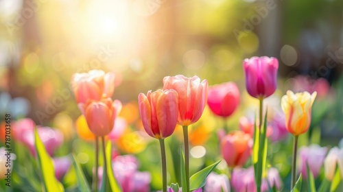 A close-up of tulips blooming in the sunshine. #787033658