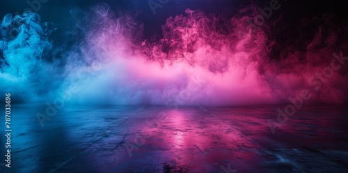 Empty stage with neon multicolored smoke rising from a textured ground  illuminated by light beams piercing through the dark atmosphere.
