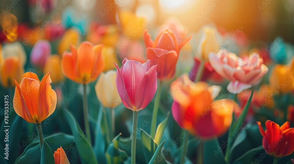 A close-up of tulips blooming in the sunshine. A close-up of tulips blooming in the sunshine.
