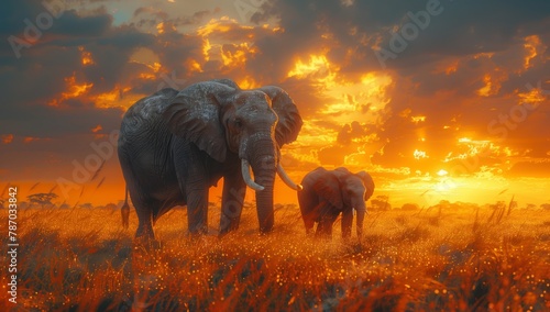 Two elephants, one African and one Indian, are peacefully grazing in a field at sunset, surrounded by the natural landscape under a cloudfilled sky © RichWolf