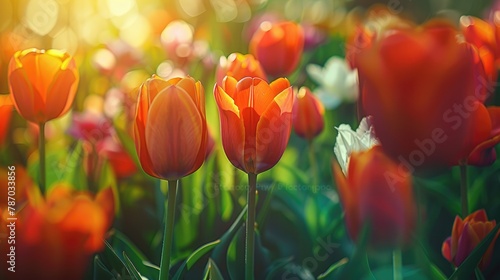 A close-up of tulips blooming in the sunshine. #787033856