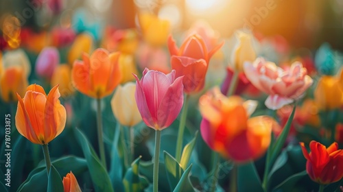 A close-up of tulips blooming in the sunshine.