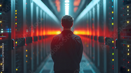 A technician stands at the end of an aisle in a data center, surrounded by servers with glowing red lights, overseeing the complex network infrastructure that powers modern computing. photo