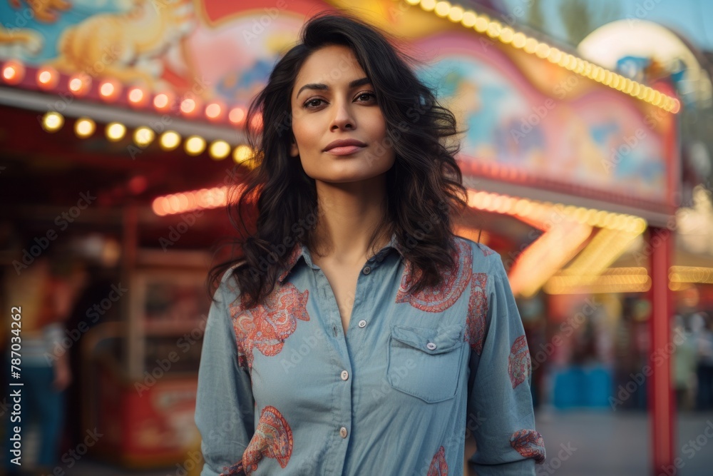 Portrait of a content indian woman in her 30s sporting a versatile denim shirt over vibrant amusement park Portrait of a content indian woman in her 30s sporting a versatile denim shirt over vibrant amusement park