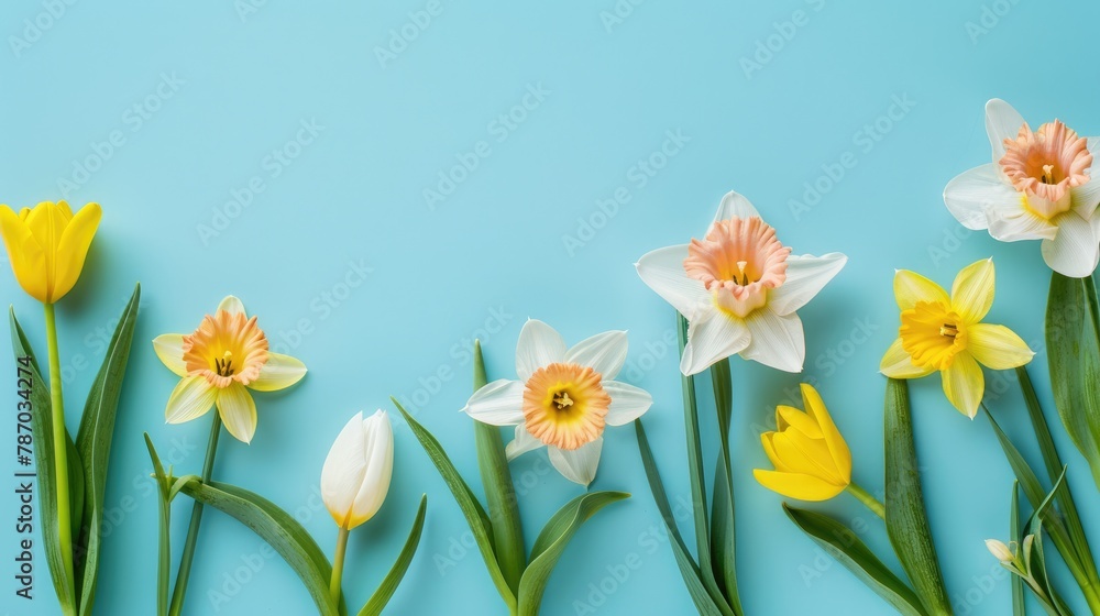 Solid color background, tulips, white space view. Solid color background, tulips, white space view.
