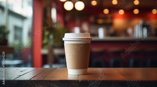 Paper cup of coffee on a wooden table in a coffee shop. Space for text and design.