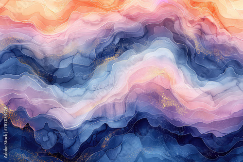 A background of swirling colors in shades of blue, purple and orange with soft waves and fluid shapes. Created with Ai photo