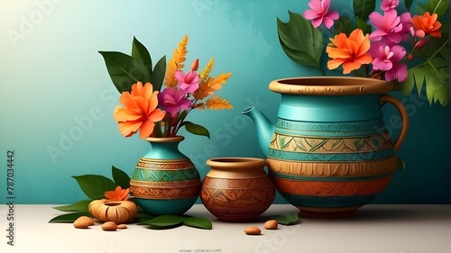 Picture celebrating the vishu with lovely yellow Kona flowers, A clever pot and beautiful arrangement set against a realistic backdrop for ugadi