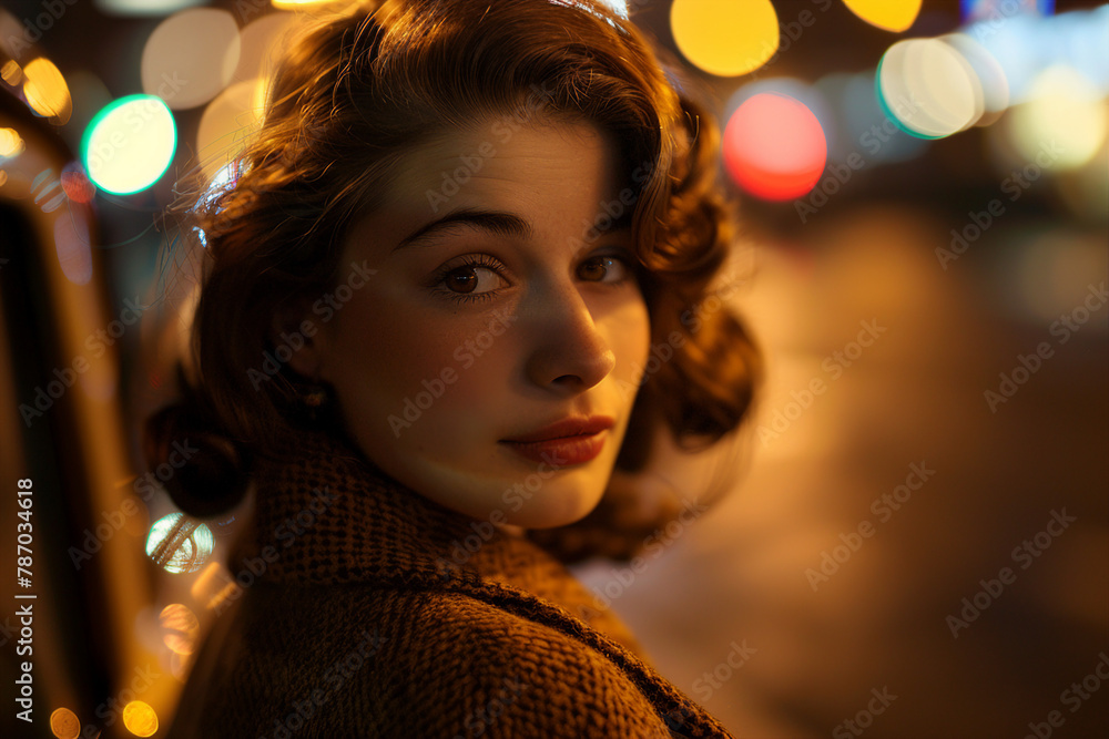 Fototapeta premium Image generative AI of femme fatale woman walk in city cinematic film noir style
