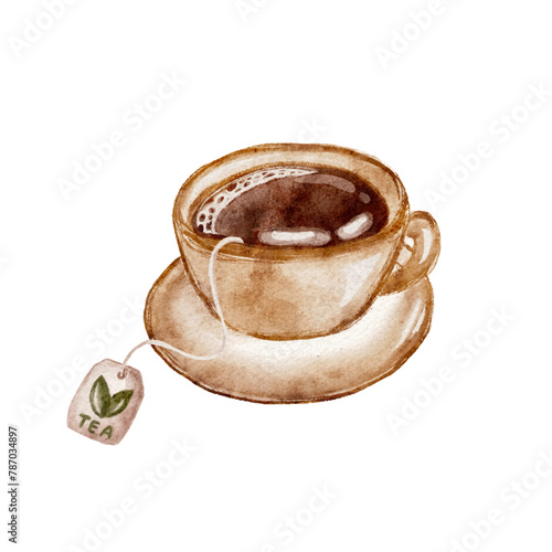 Watercolor cup of black tea, teacup cut out from background isolated vector, hand drawing not AI