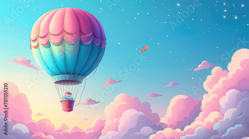 magic hot air balloon in the sky, clouds, art, illustration, drawing, wallpaper, background, design, pink, blue, fish, flight, fantasy, dream, transport, travel, fly