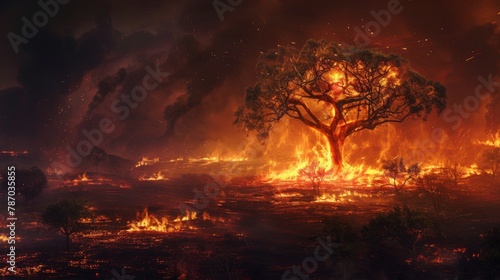 Apocalyptic vision of a lone tree engulfed in flames during a wildfire  representing disaster  climate change  and environmental devastation