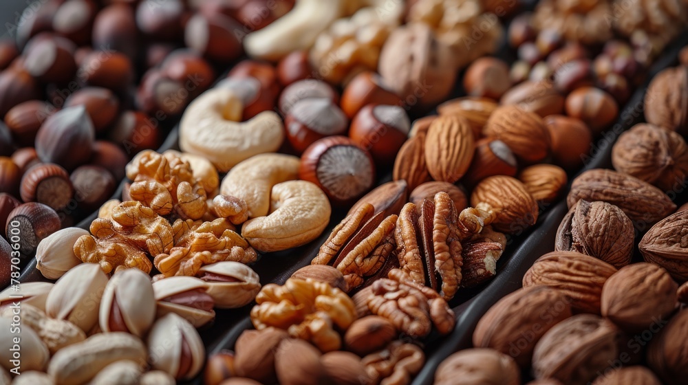 Different kinds of nuts on a black background, close-up view, copy space Different kinds of nuts on a black background, close-up view, copy space