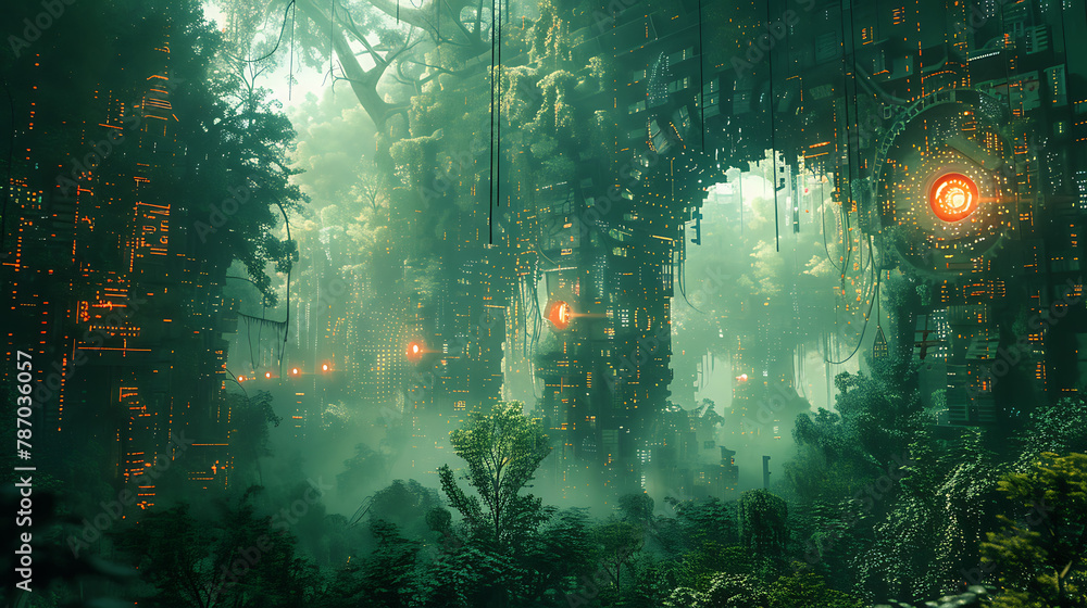 Obraz premium Digital Overgrowth - AI Takeover, Depict a surreal scene where digital elements and AI technology overtake the natural world. 