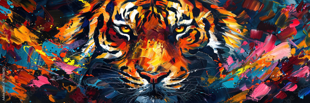 Captivating painting showcasing a tiger's face with a burst of expressive colors, symbolizing power and courage Captivating painting showcasing a tiger's face with a burst of expressive colors, symbolizing power and courage