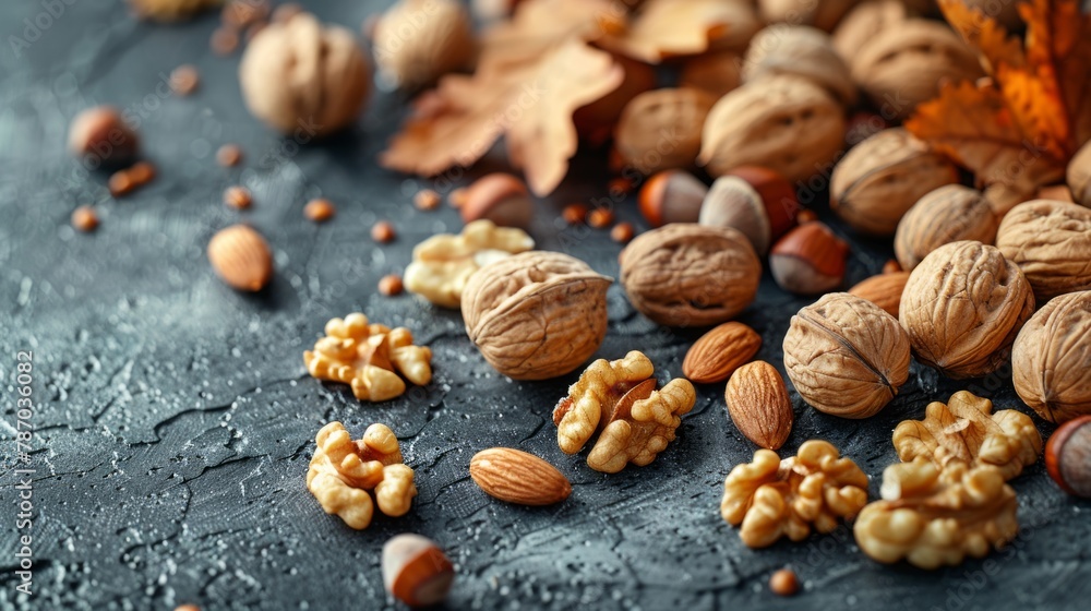 Different kinds of nuts on a black background, close-up view, copy space