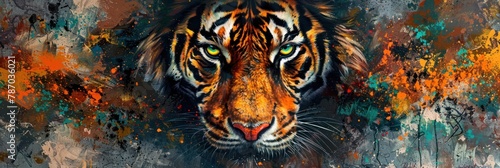 A vibrant portrait of a tiger surrounded by dynamic splashes of paint, conveying power and energy