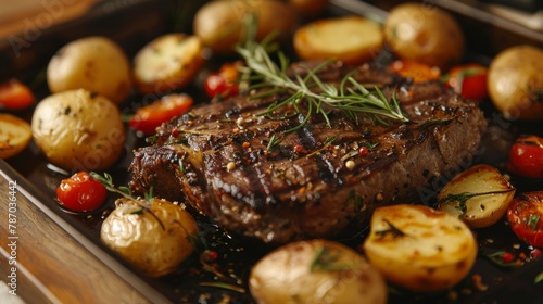 Tasty steaks with potatoes and rosemary, closeup. Grilled beef steaks with potatoes