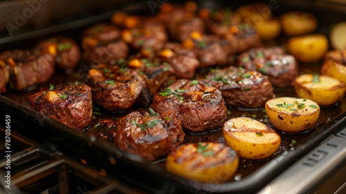 Tasty steaks with potatoes and rosemary, closeup. Grilled beef steaks with potatoes