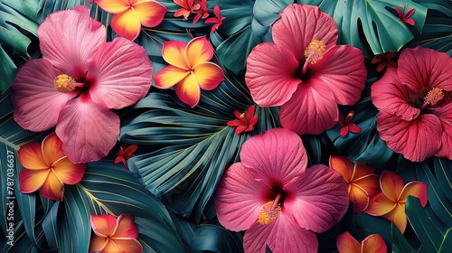 Tropical flower  motifs  pink background. Generative AI.