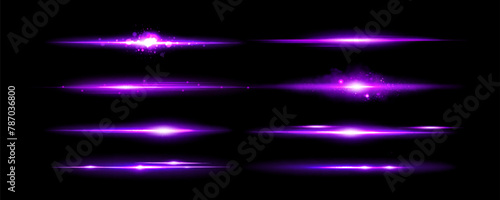Purple light lines set isolated on black background. Vector realistic illustration of neon shine effect with smoke, sparkles and shimmering particles, magic glare divider, shiny led border element