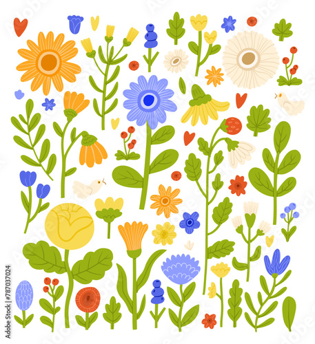 Modern blossomed flowers set. Abstract blooming floral plants and leaf. Fresh summer floristry, leaves. Nature design elements. Colored flat graphic vector illustrations isolated on white background