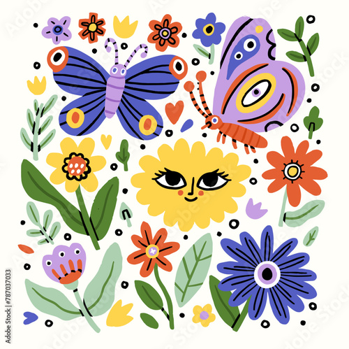 Modern blossomed flowers set. Abstract blooming floral plants and leaf. Fresh summer floristry, leaves. Nature design elements. Colored flat graphic vector illustrations isolated on white background