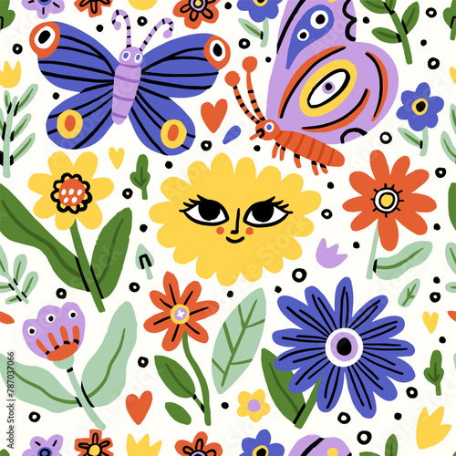  Seamless flower pattern. Bright floral background with blossoms, butterfly and blooms print. Repeating texture design. Multicolored backdrop for decor. Colored flat vector illustration for textile