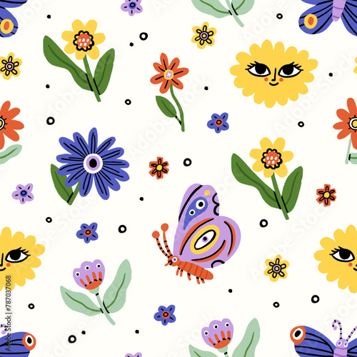 Seamless flower pattern. Bright floral background with blossoms, butterfly and blooms print. Repeating texture design. Multicolored backdrop for decor. Colored flat vector illustration for textile