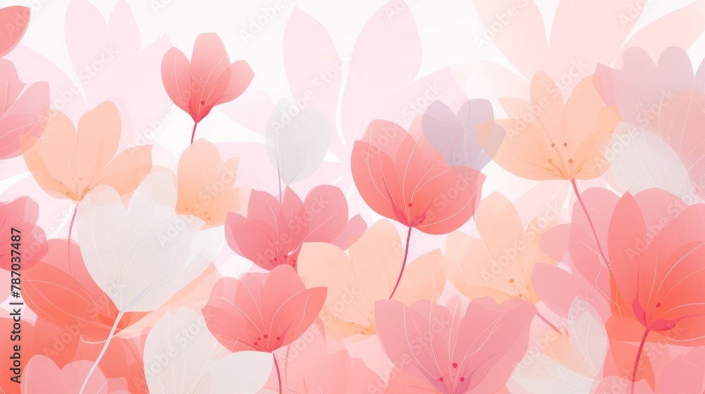 This image is a soothing spring background featuring a pattern of soft pastel flowers with a gradient of pink and peach hues that blend smoothly, creating a gentle and romantic springtime atmosphere
