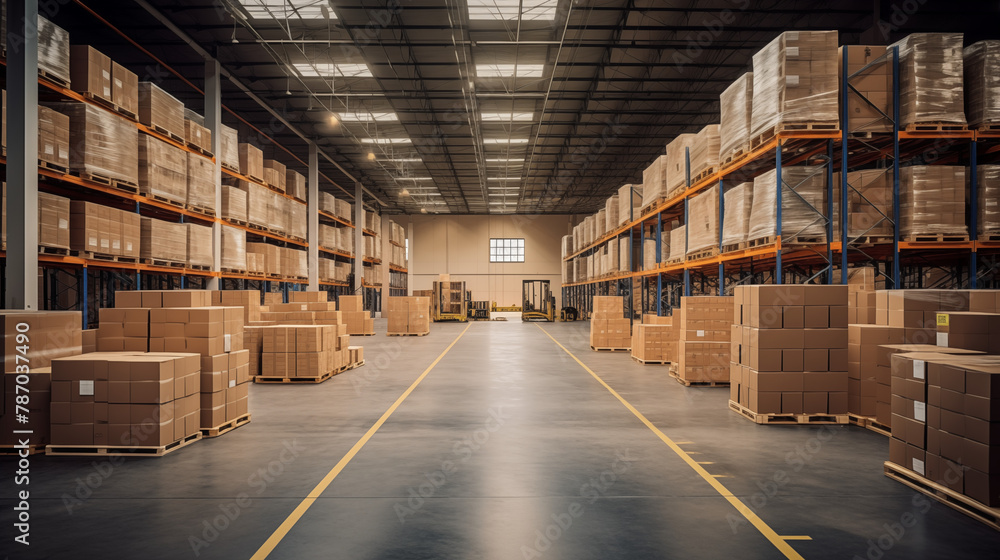 Industrial Warehouse Interior with Rows of Shelves and Pallets Industrial Warehouse Interior with Rows of Shelves and Pallets