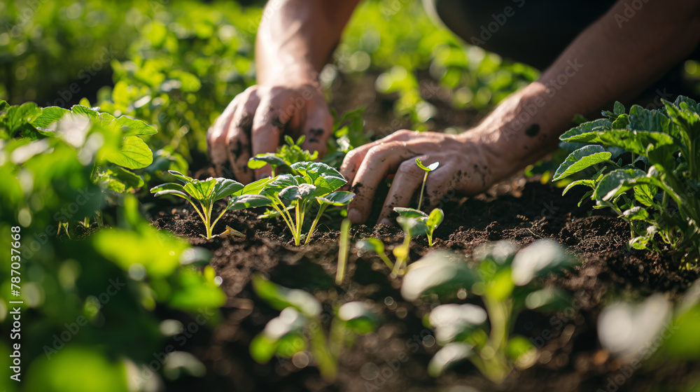 Gardener Tending to Young Basil Plants in Sunlit Garden Gardener Tending to Young Basil Plants in Sunlit Garden