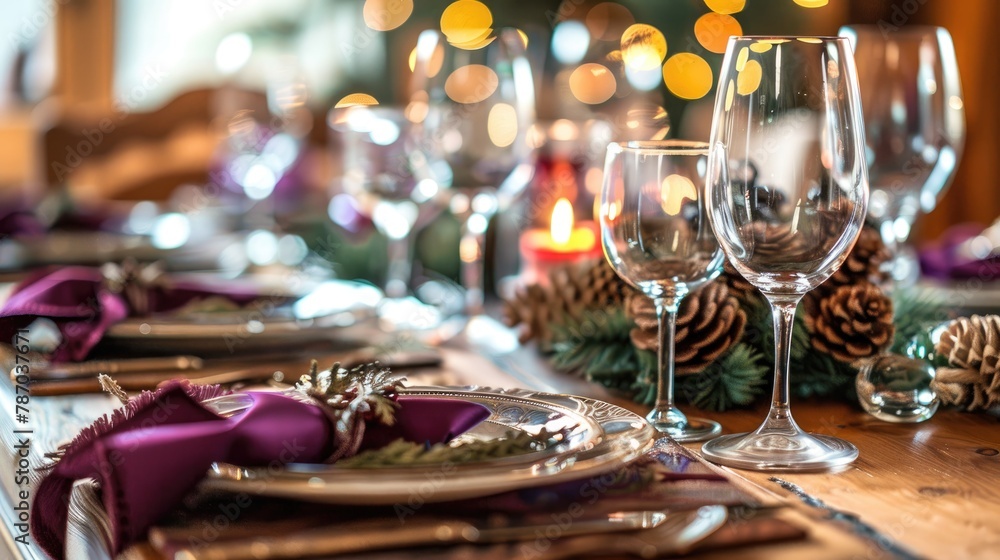 Table set with plates wine glasses and purple napkins for a festive gathering