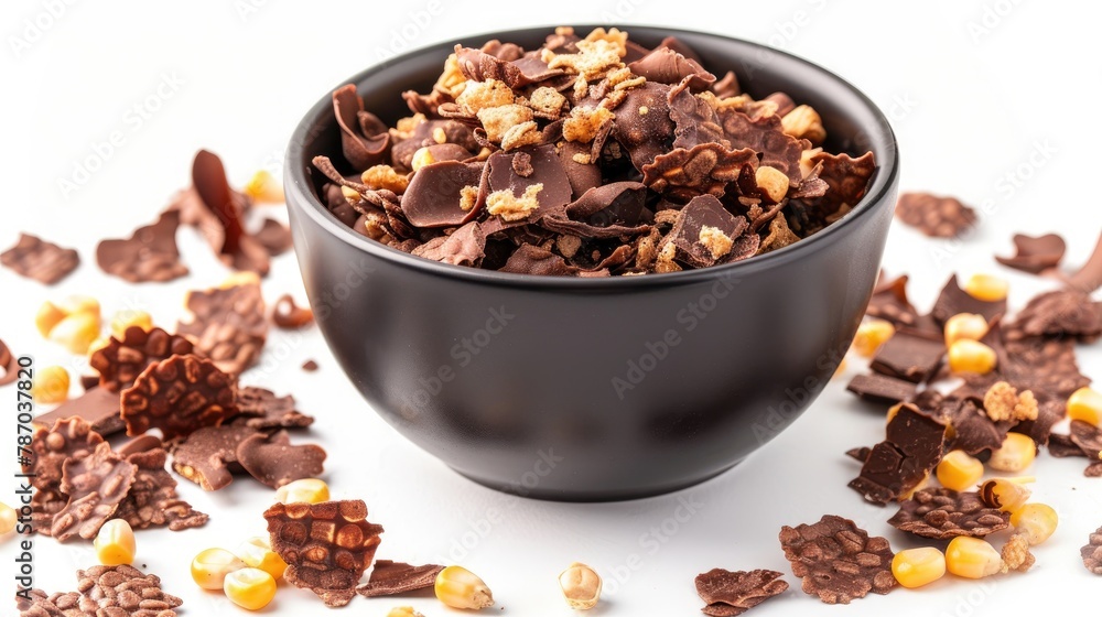 Chocolate corn pads in black bowl on white background with chocolate pillows and crispy corn flakes Chocolate corn pads in black bowl on white background with chocolate pillows and crispy corn flakes