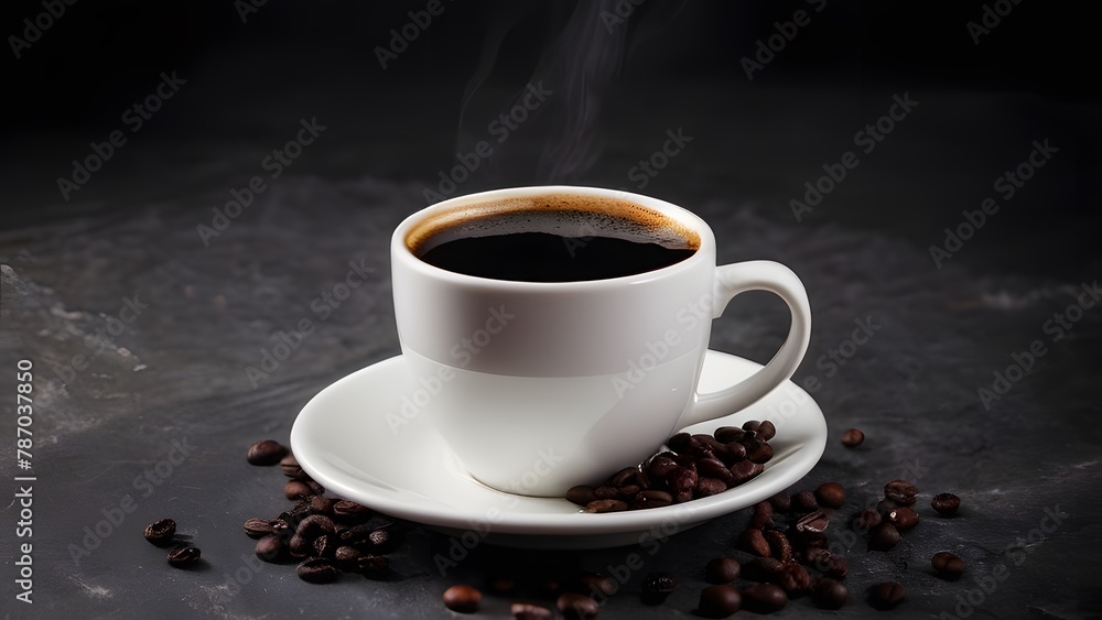 A warm cup of coffee set against a dark backdrop A warm cup of coffee set against a dark backdrop