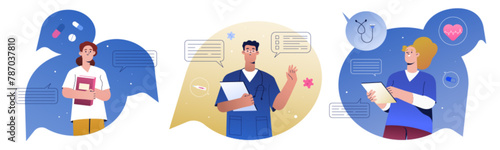 Medical students, nurses or doctors in uniform. Group of young hospital workers or physician intern specialists make diagnoses, consult online in chat message. Healthcare internship, medicine practice