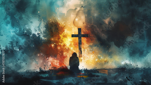 Catholic Faith: Watercolor Art depicting Man in Prayer before Radiant Christian Cross with Silhouette of Jesus photo