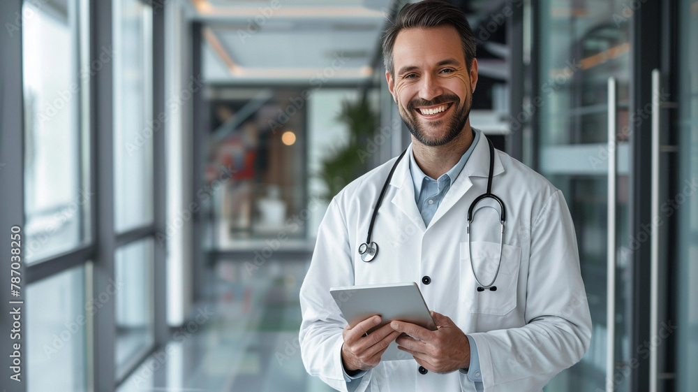 A portrait of a smiling male doctor in wearing white coat with stethoscope holding tablet and standing at modern hospital A portrait of a smiling male doctor in wearing white coat with stethoscope holding tablet and standing at modern hospital
