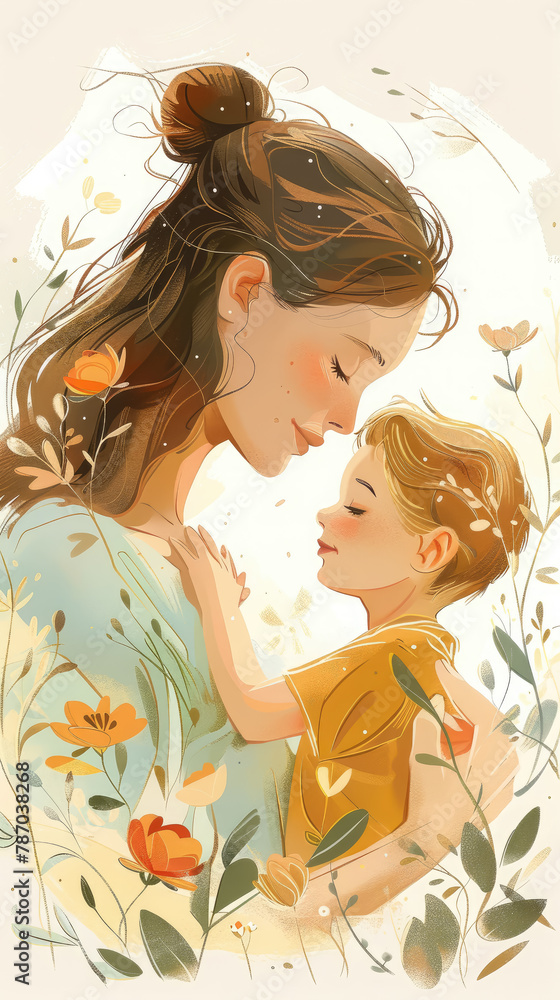 woman with child on white background, mother's day, son, little boy, mom, family, parent, kid, childhood, illustration, baby, love, care, parenthood