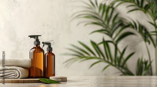 Mockup of ecofriendly cleaning products in glass bottles, on the table next to a green plant and towels on a light background. Space for text. Close-up