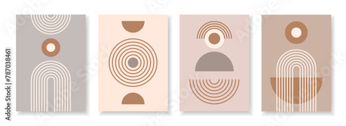 Set of abstract poster with zen geometric line arches and circle shapes composition. Linear outline retro paterns. Minimal boho simple vector illustration with editable stroke figures
