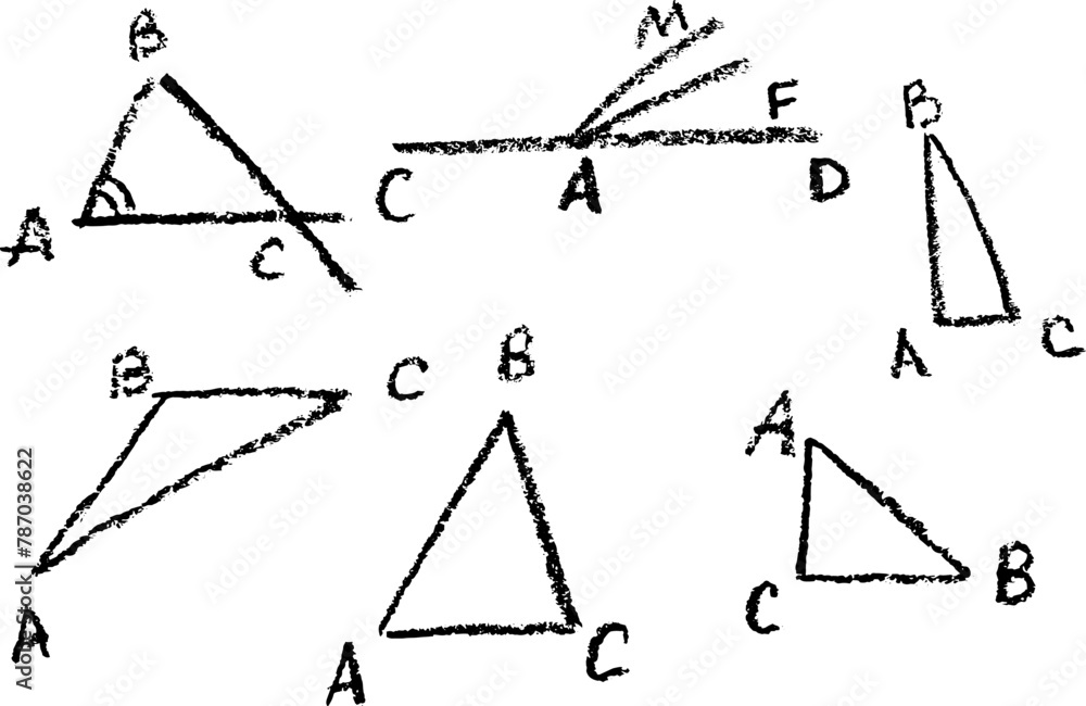 Chalk geometry icons doodle style. Crayons sketch elements for mathematics lessons in school. Vector illustration