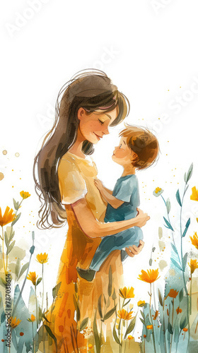 woman with child on white background, mother's day, son, little boy, mom, family, parent, kid, childhood, illustration, baby, love, care, parenthood