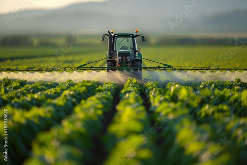 Tractor spraying crops in a lush green field with rolling hills in the background